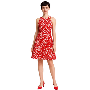 Aidan Mattox Orange White Geometric Floral Embroidered Sleeveless Cocktail Dress